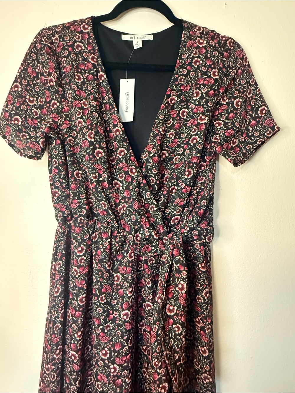 miami Black Floral Wrap Midi Dress with Pink Accents